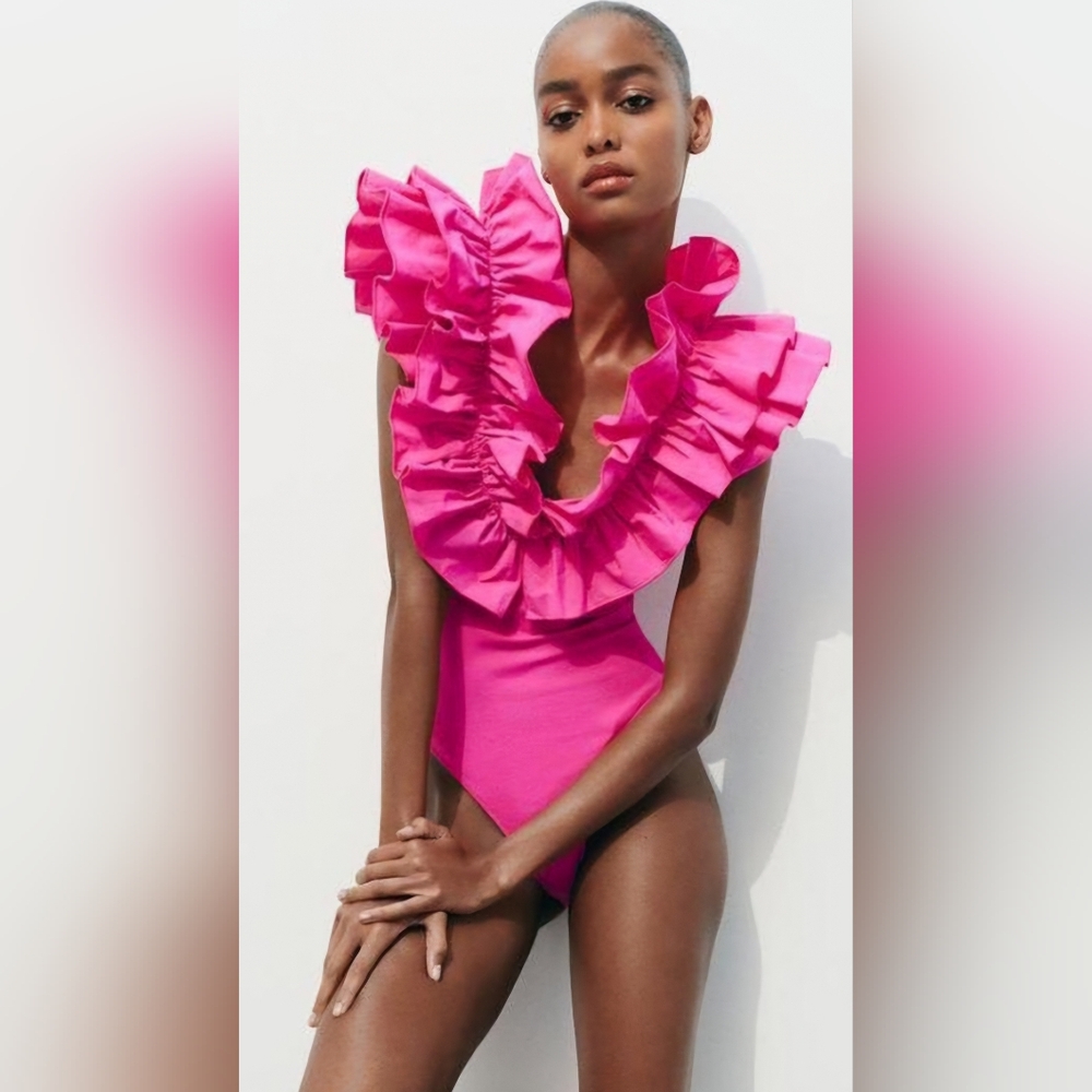 Zara Pink Puff body with deep front and back plunge line
